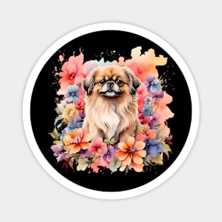 A pekingese decorated with beautiful watercolor flowers Magnet